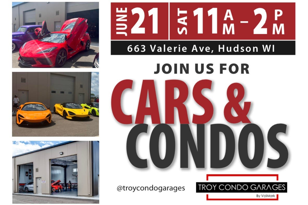 May be an image of ‎car and ‎text that says '‎צ 21 SAT 11 11M-2M 2111A-2 P -2 M 663 Valerie Ave, Hudson WI JOIN US FOR CARS & CONDOS @troycondogarages TROY CONDO GARAGES By By ValMark‎'‎‎