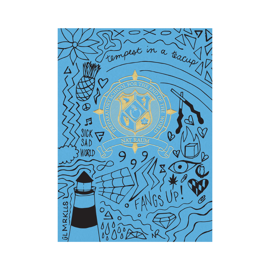the cover of 'preparatory school for the end of the world,' which is modeled after a school notebook with doodles on a blue cover