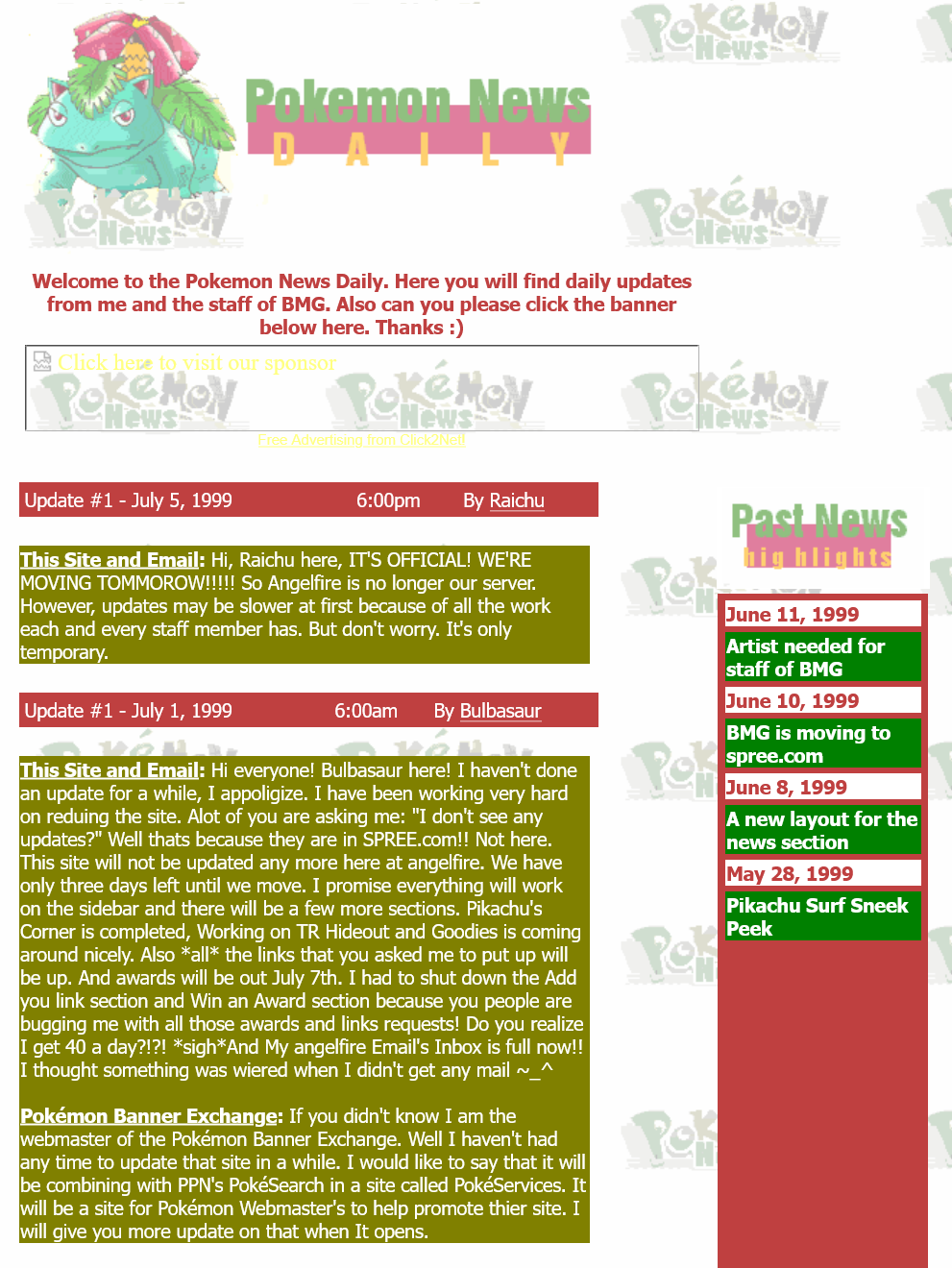 Pokémon News Daily, Bulbasaur’s Mysterious Garden (Bulbagarden) from July 1999