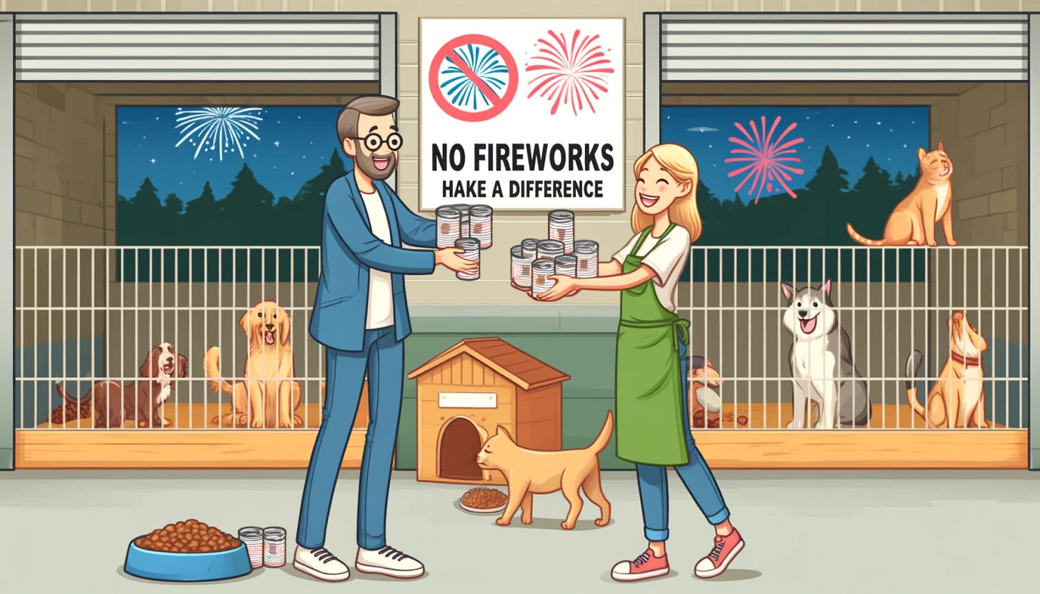 A heartwarming scene showing a person handing cans of pet food to a joyful shelter worker at an animal shelter. In the background, there are happy, well-fed animals like dogs and cats in clean kennels, playing and resting. Outside the shelter, there is a visible sign that reads 'No Fireworks, Make a Difference' and some firework images crossed out. The overall mood is uplifting and emphasizes compassion and community spirit.