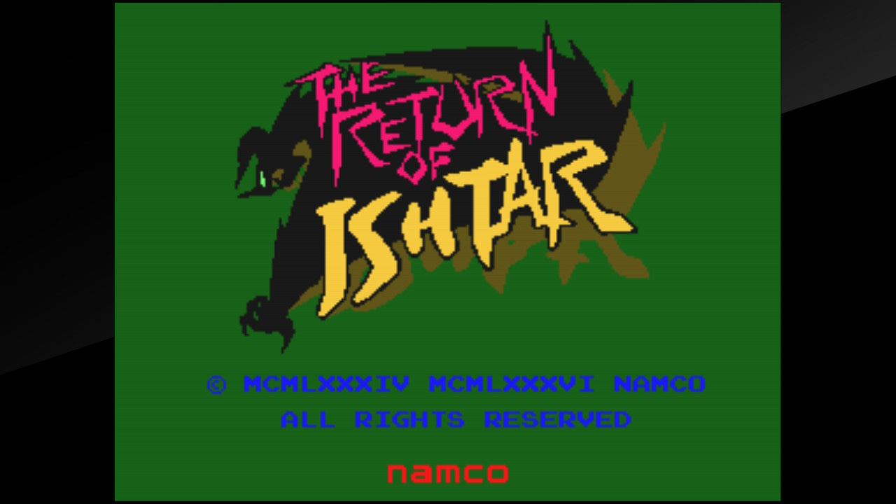 A screenshot of the title screen from the arcade version of The Return of Ishtar, captured from its Arcade Archives release on the Switch. The background is green, with blue copyright text and a red Namco logo at the bottom. The game's name is scrawled across the top and middle in a stylized font, with a shadowy creature reaching out from behind it.
