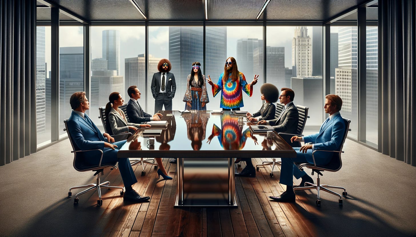 An editorial cover image for a magazine, themed around corporate drama with a unique twist. The setting is a modern, sophisticated boardroom, featuring a large polished table and sleek chairs. Among the group of business executives dressed in formal attire, there is one individual who stands out: a person styled as a 1960s hippie, complete with a colorful tie-dye shirt, long hair, and peace symbol accessories. This person is actively participating in the heated discussion, adding an interesting contrast to the otherwise traditional corporate scene. The room has large windows showing a city skyline, highlighting the blend of corporate and counterculture elements.