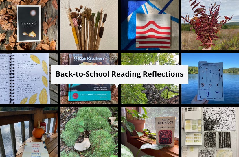 ‘Back-to-School Reading Reflections in a white text box superimposed over a grid of several of the photos scattered throughout this issue. 