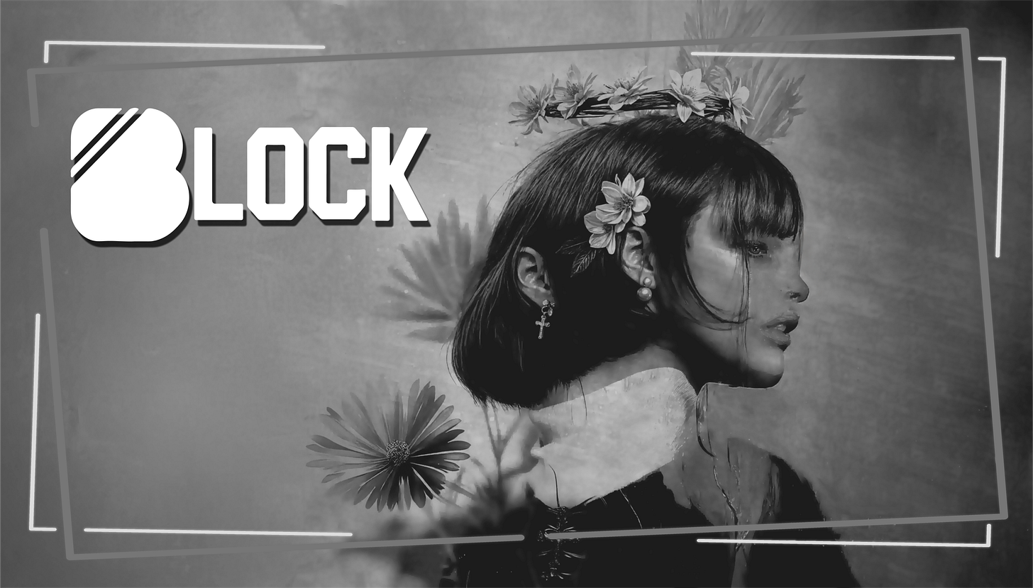 A surreal digital artwork blending a woman's profile with floral elements, embodying DAMN TRUE’s artistic philosophy of distorting reality to reveal deeper beauty. The monochromatic aesthetic reflects the artist’s fusion of digital and physical forms, resonating with their journey from Balakovo to global NFT success. The Block Consulting logo highlights the connection to the Web3 and NFT space.