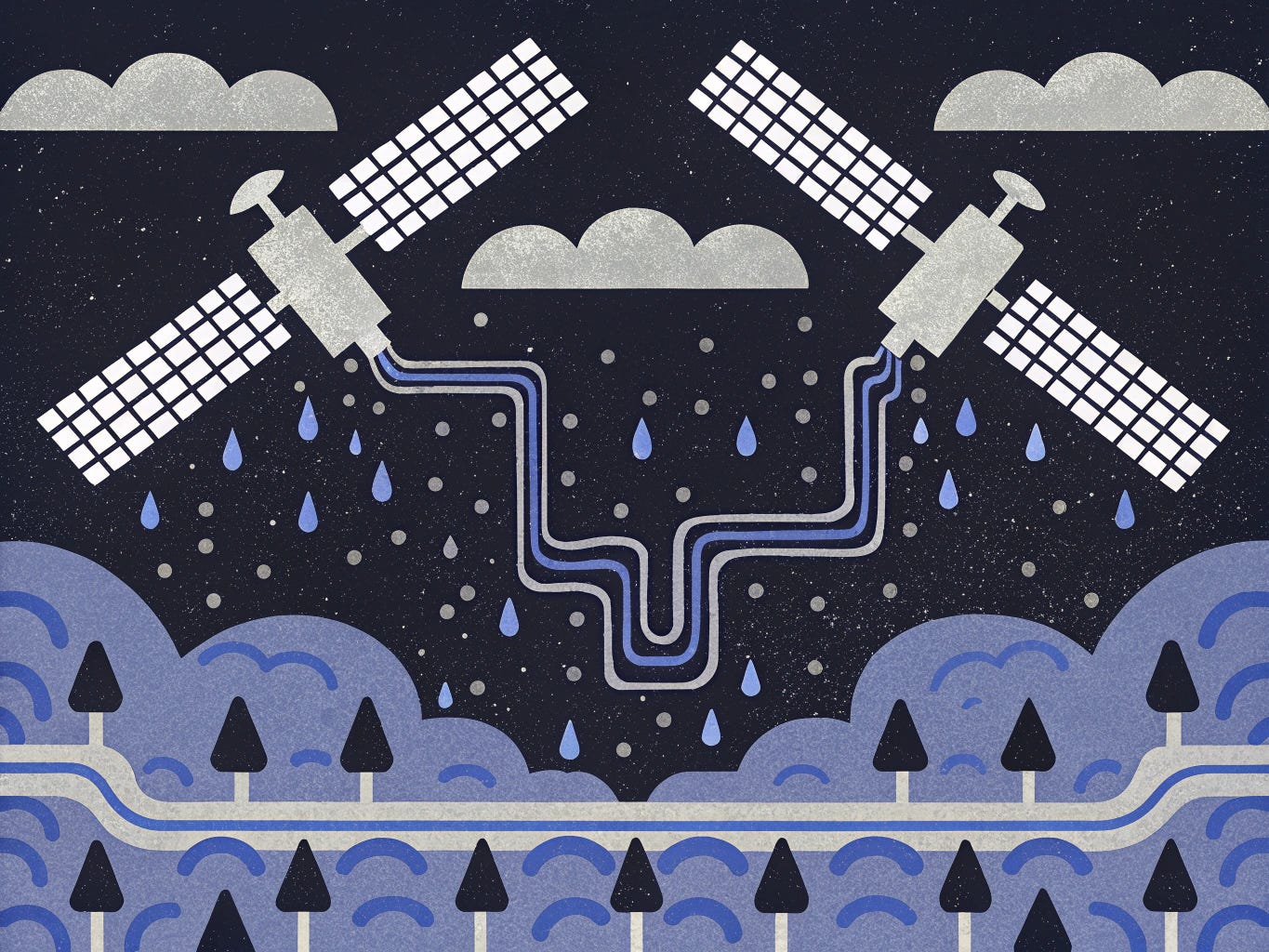 Illustration of two satellites with solar panels connected by blue lines, surrounded by stylized clouds and raindrops. Below, rolling hills are depicted with trees and lines representing water flow. The background features a dark sky.