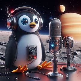 cyborg penguin on saturn recording a podcast. Image 1 of 4