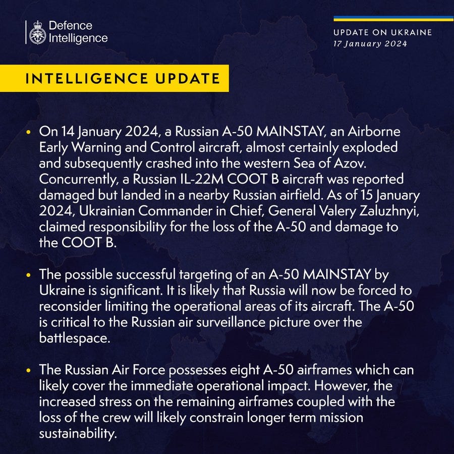 On 14 January 2024, a Russian A-50 MAINSTAY, an Airborne Early Warning and Control aircraft, almost certainly exploded and subsequently crashed into the western Sea of Azov. Concurrently, a Russian IL-22M COOT B aircraft was reported damaged but landed in a nearby Russian airfield. As of 15 January 2024, Ukrainian Commander in Chief, General Valery Zaluzhnyi, claimed responsibility for the loss of the A-50 and damage to the COOT B.
The possible successful targeting of an A-50 MAINSTAY by Ukraine is significant. It is likely that Russia will now be forced to reconsider limiting the operational areas of its aircraft. The A-50 is critical to the Russian air surveillance picture over the battlespace.
The Russian Air Force possesses eight A-50 airframes which can likely cover the immediate operational impact. However, the increased stress on the remaining airframes coupled with the loss of the crew will likely constrain longer term mission sustainability.