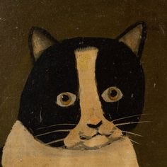 This may contain: a painting of a black and white cat with yellow eyes