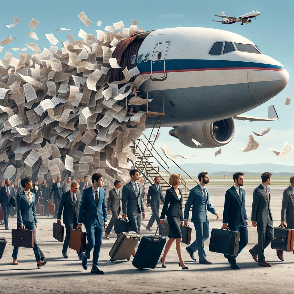 A diverse group of lawmakers, with an equal mix of men and women, are shown boarding a large commercial airplane. They are dressed in business attire, carrying briefcases and luggage. Behind them, on the tarmac, there is a large, disorganized pile of legislative bills, papers flying around as if caught in a gentle breeze. The scene conveys a sense of urgency and neglect, with the focus on the lawmakers leaving behind their responsibilities. The atmosphere is busy, with a clear blue sky overhead, indicating the start of their journey.