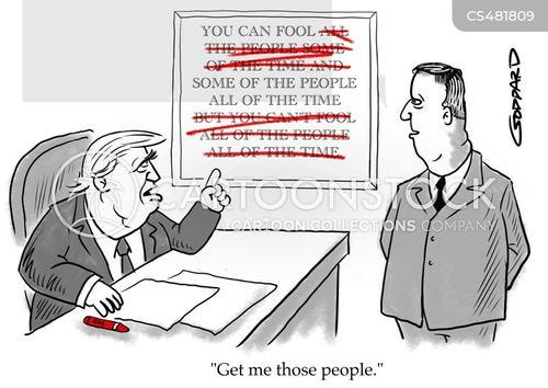 donald trumps doctor cartoon with propaganda and the caption "Get me those people." by Clive Goddard