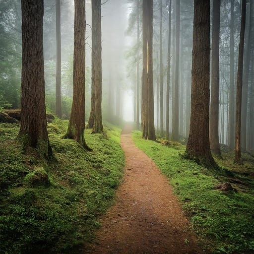 Created by Gemini AI. An image of a path through a peaceful, mossy forrest leading towards a foggy distance representing the unknown or uncertainty