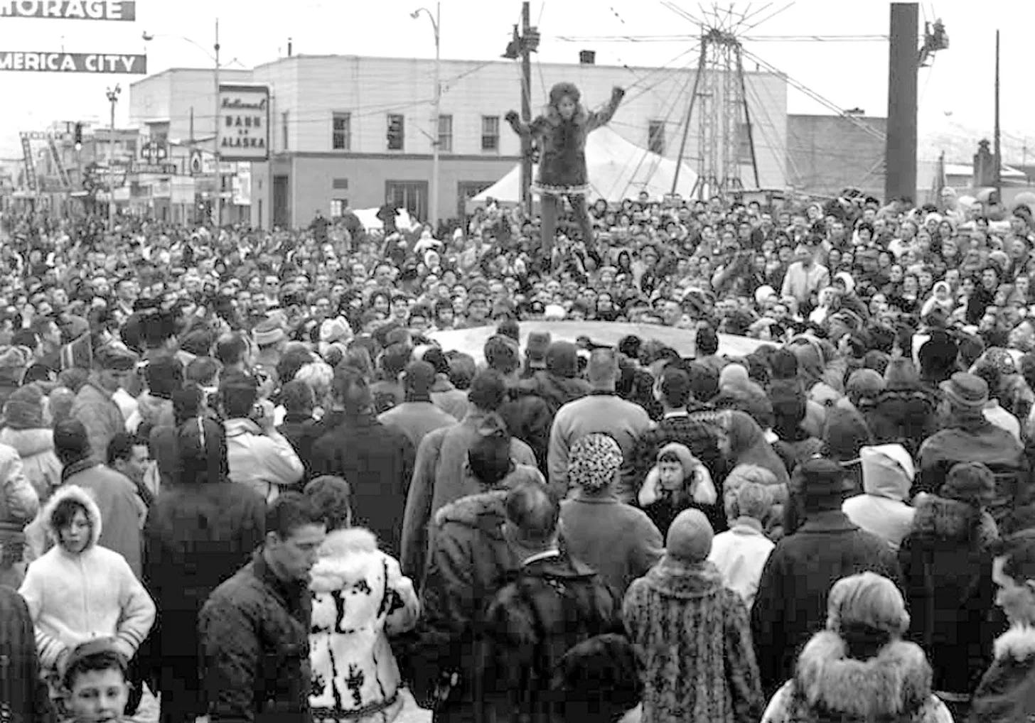 Up in the air during the Fur Rendezvous blanket toss in Anchorage, Alaska.