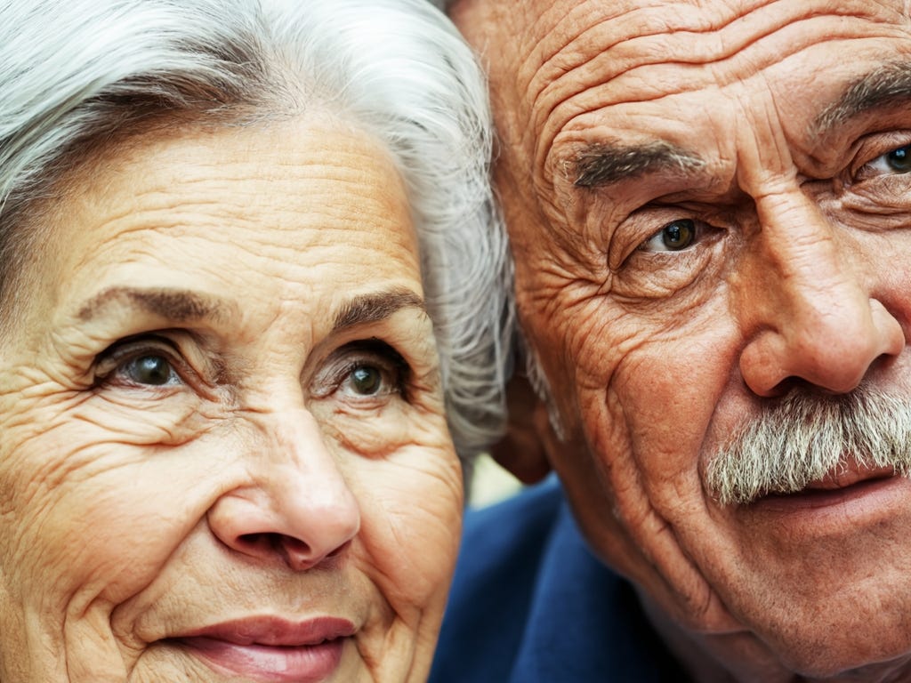 Tight portrait photo of 82-year-old couple, she with gray hair and red lipstick, he with a gray mustache.