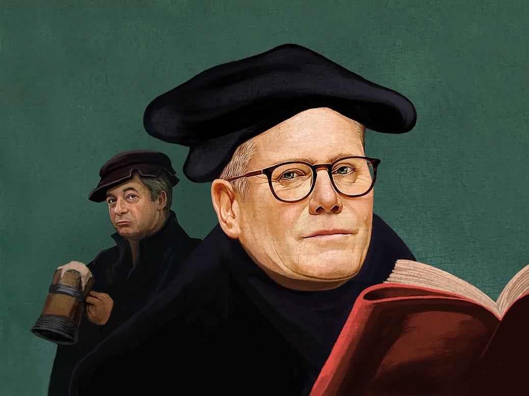 Illustration of Keir Starmer and Nigel Farage dressed in the period of the reformation