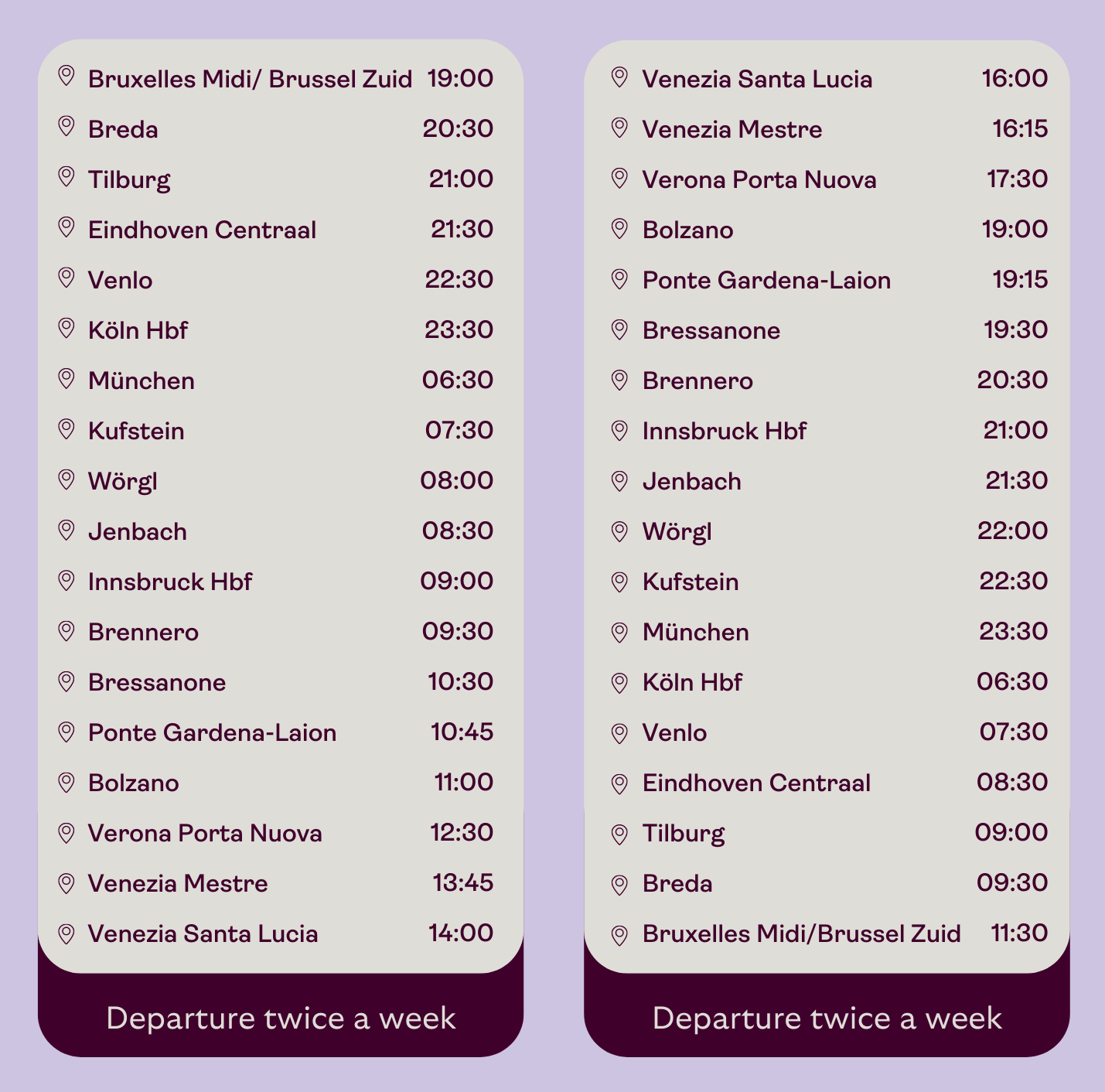 Timetable between Brussels and Venice