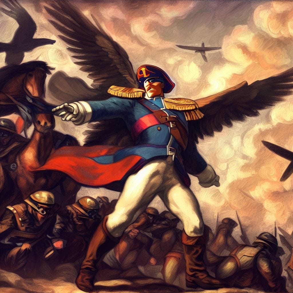 Captain Falcon from F-zero fighting Napoleon invading Russia, in the style of a renaissance painting