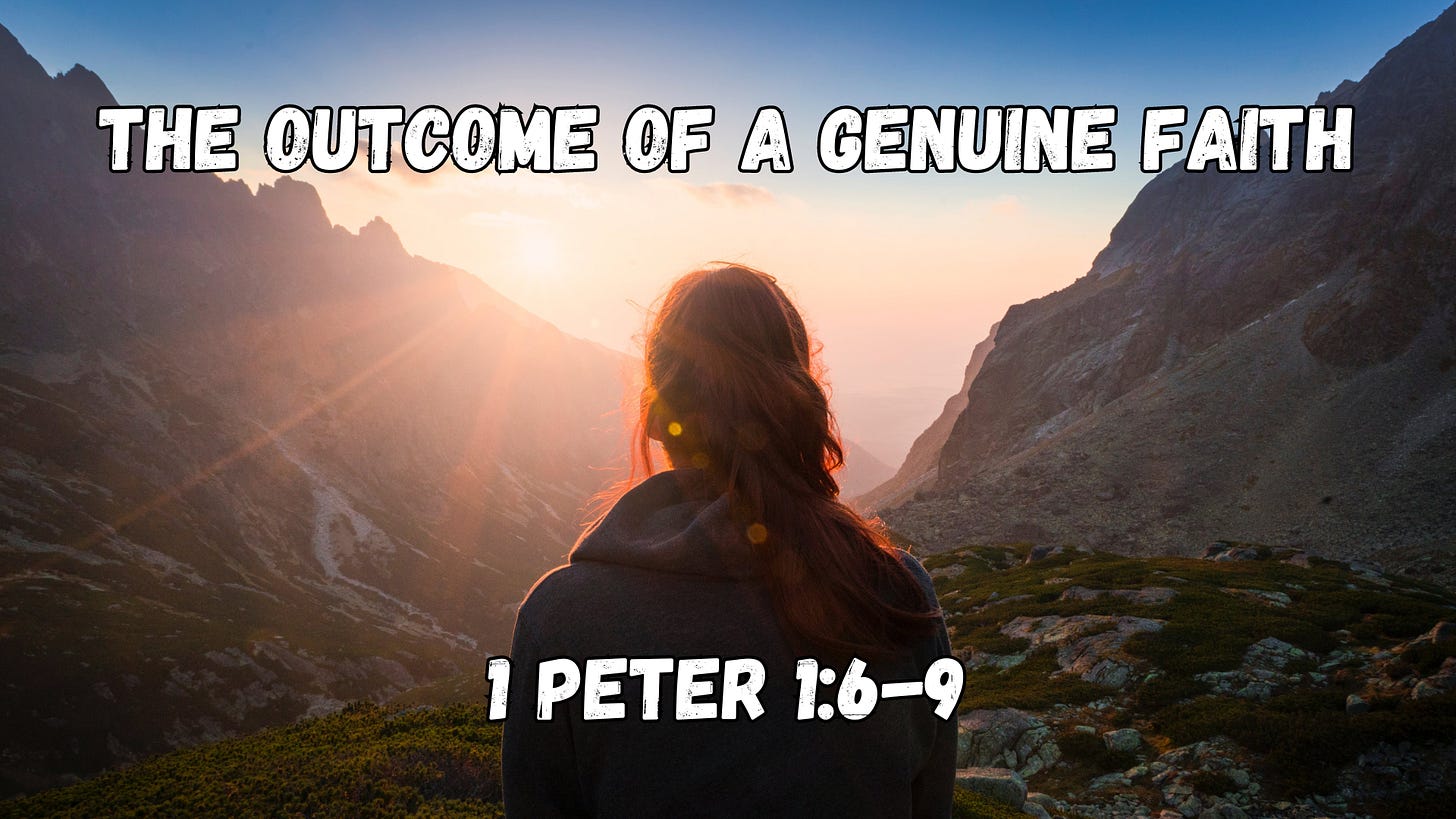 A woman looking at the sun setting behind a mountain with the words, "The Outcome of a Genuine Faith" above her head.