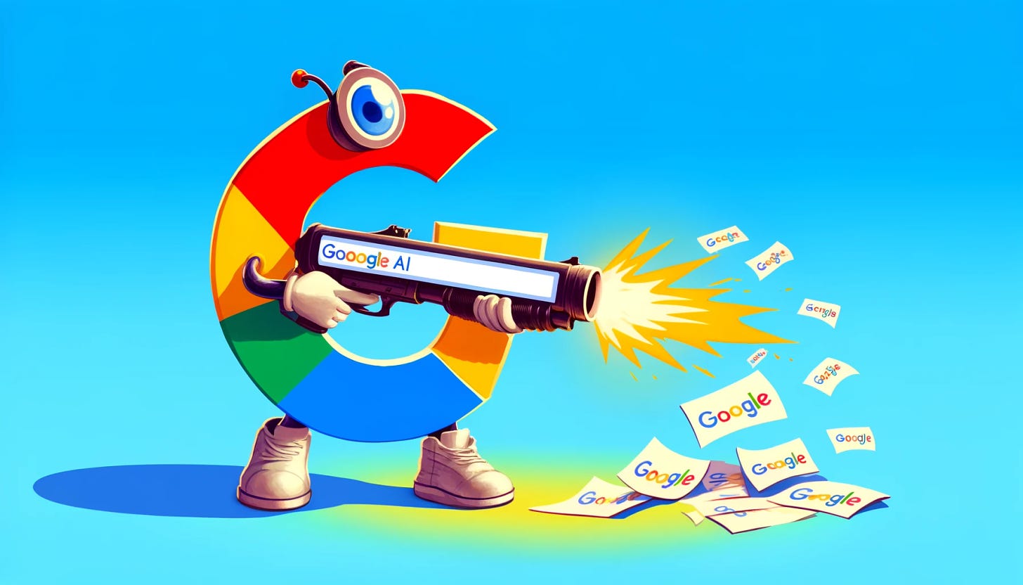 An horizontal image of a cartoon where Google is depicted shooting search results with a shotgun. The word ‘AI’ is written on the shotgun.