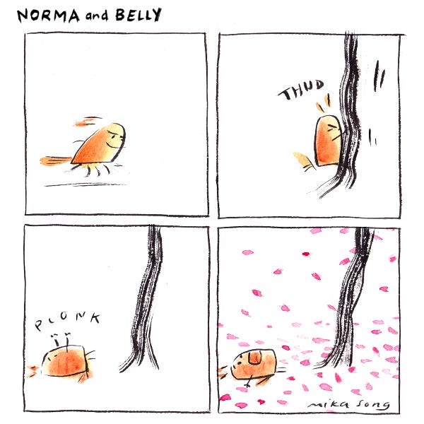 Belly the squirrel charges into a tree and smacks right into it and then lands in the ground. All the pink petals float down on the ground around her.