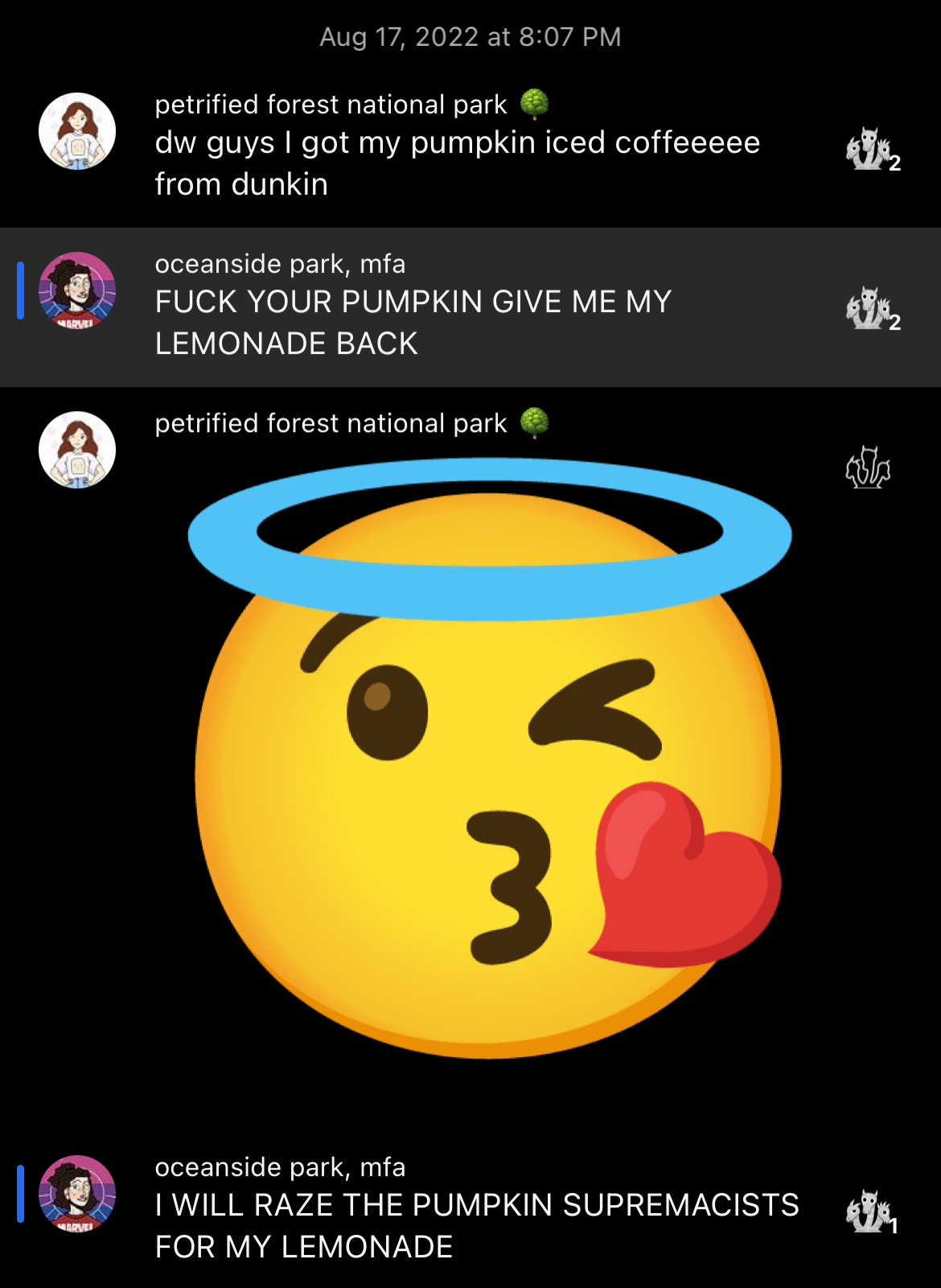A screenshot of GroupMe in dark mode. Kate is texting about wanting the Dunkin' lemonade back in all caps.