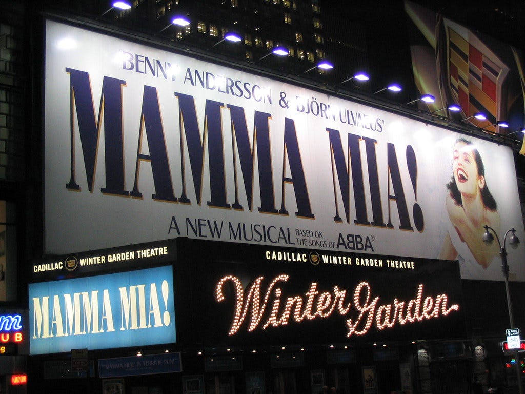 The Mamma Mia! billboard at the Winter Garden Theatre in NYC.