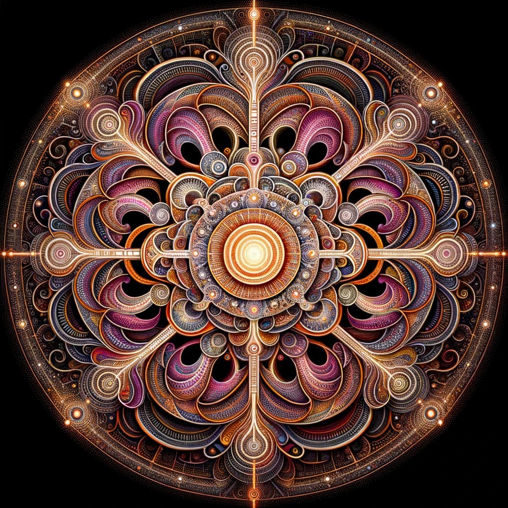 Create an image combining the concept of the Fractal of Unquestionable Answers with the intricate design of a mandala. The fractal is bounded, with pathways of questions and answers spiraling inward towards a centralized core, resembling the symmetrical and detailed patterns of a mandala. These pathways become more streamlined as they approach the center. Within the central core, instead of a simple glow, place the wise, half-closed Eye of Providence, symbolizing the ultimate convergence of answers. The design reflects a journey of inquiry, where the complexity of questions and answers simplifies into timeless wisdom at the core, all framed within the aesthetically pleasing and spiritual symmetry of a mandala.