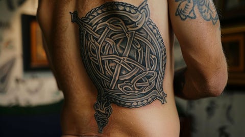 Intricate black and white Celtic knot tattoo design on skin, featuring looping and interwoven lines forming a complex, symmetrical pattern.