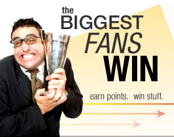 a 2008 banner for a FanLib contest featuring a man clutching a trophy next to the caption "the BIGGEST FANS WIN. earn points. win stuff."