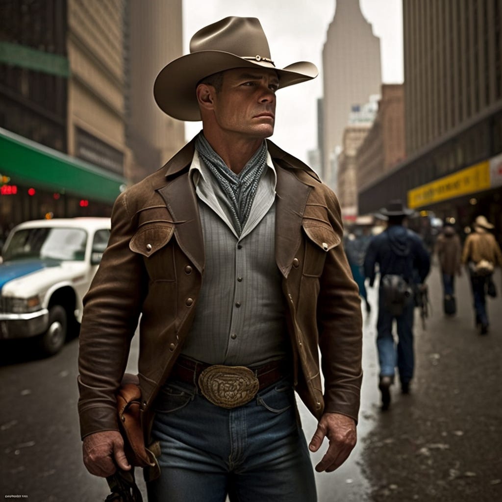 a new york executive trying to blend into the midwest by dressing like a cowboy but he is clearly still from new york