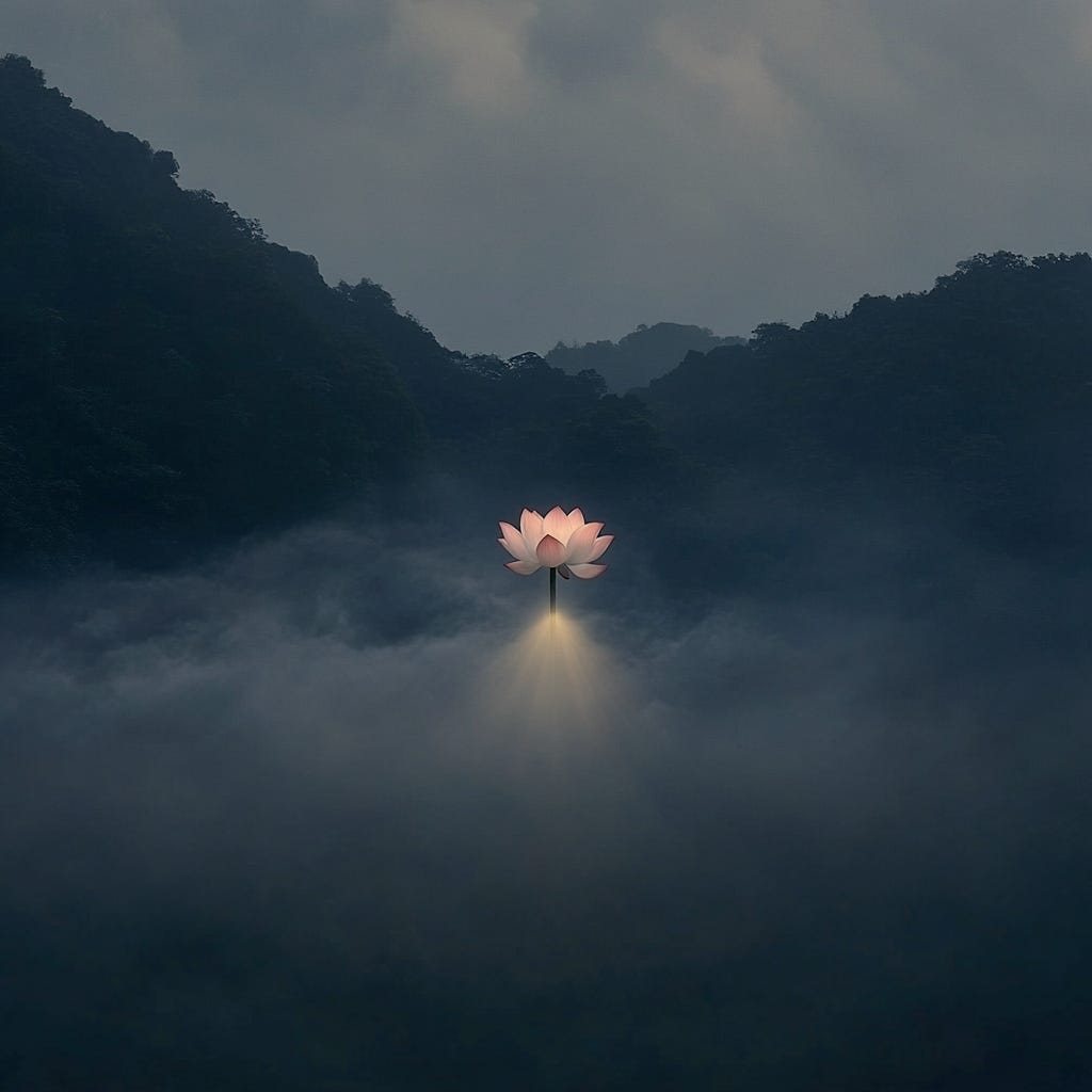 Image of a lotus flower arising from fog and mud