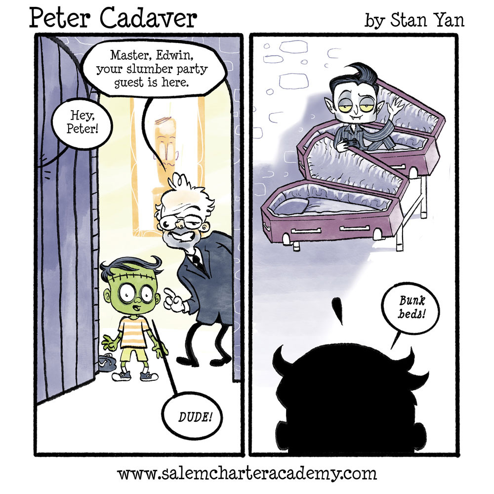 Peter the green kid monster is sleeping over his friend Edwin's house. A butler in a grey suit shows Peter into the castle. Peter looks surprised and says Bunk Beds! Peter is sleeping in a coffin next to another coffin on a riser frame.