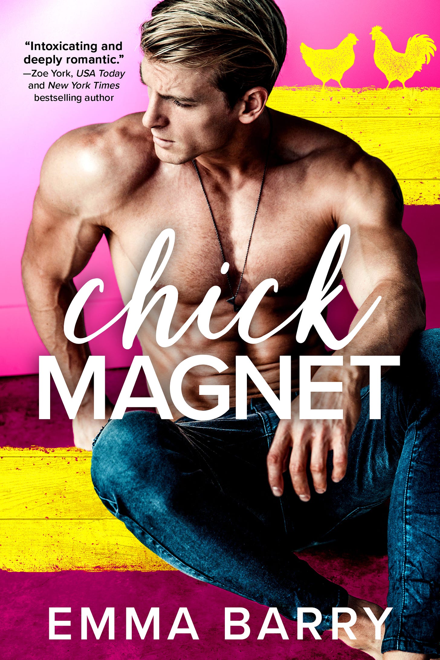 Emma Barry's book Chick Magnet. Shirtless blonde white man, sitting, wearing jeans. Background is pink, and yellow and burgundy stripes with chicken sihouettes at the top.