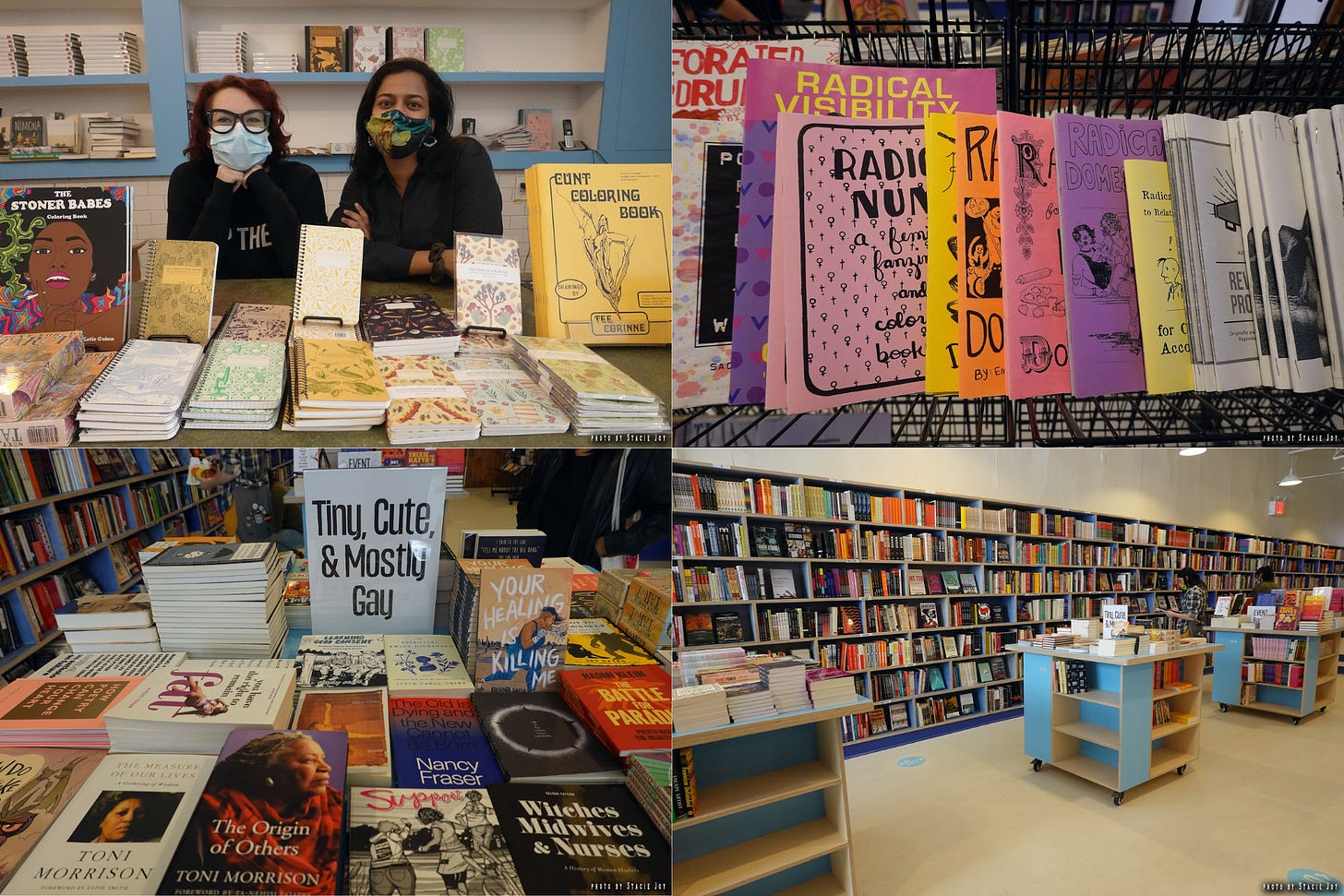 four photos from our opening day, of shelves, and workers, and zines