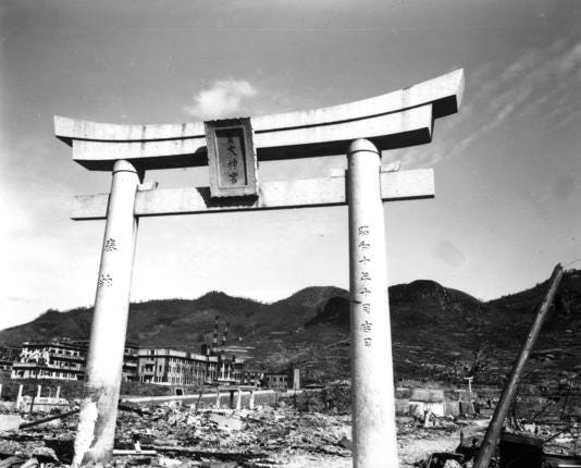 A sacred Torii Gate stands erect over the completely destroyed area of a Shinto shrine in Nagasaki, in October 1945, after the second atomic bomb ever used in warfare was dropped by the U.S. over the Japanese industrial center. Due to its structure, the blast of the explosion could go around it, therefore leaving the arch intact.