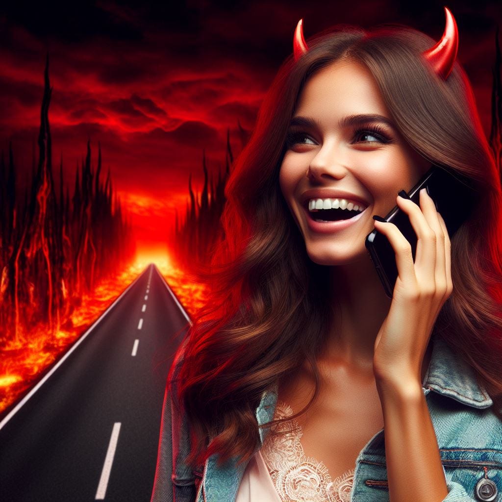 a pretty young woman is cheerfully walking down a road into Hell while talking on her mobile phone. Beautiful. Ominous. Red glow.