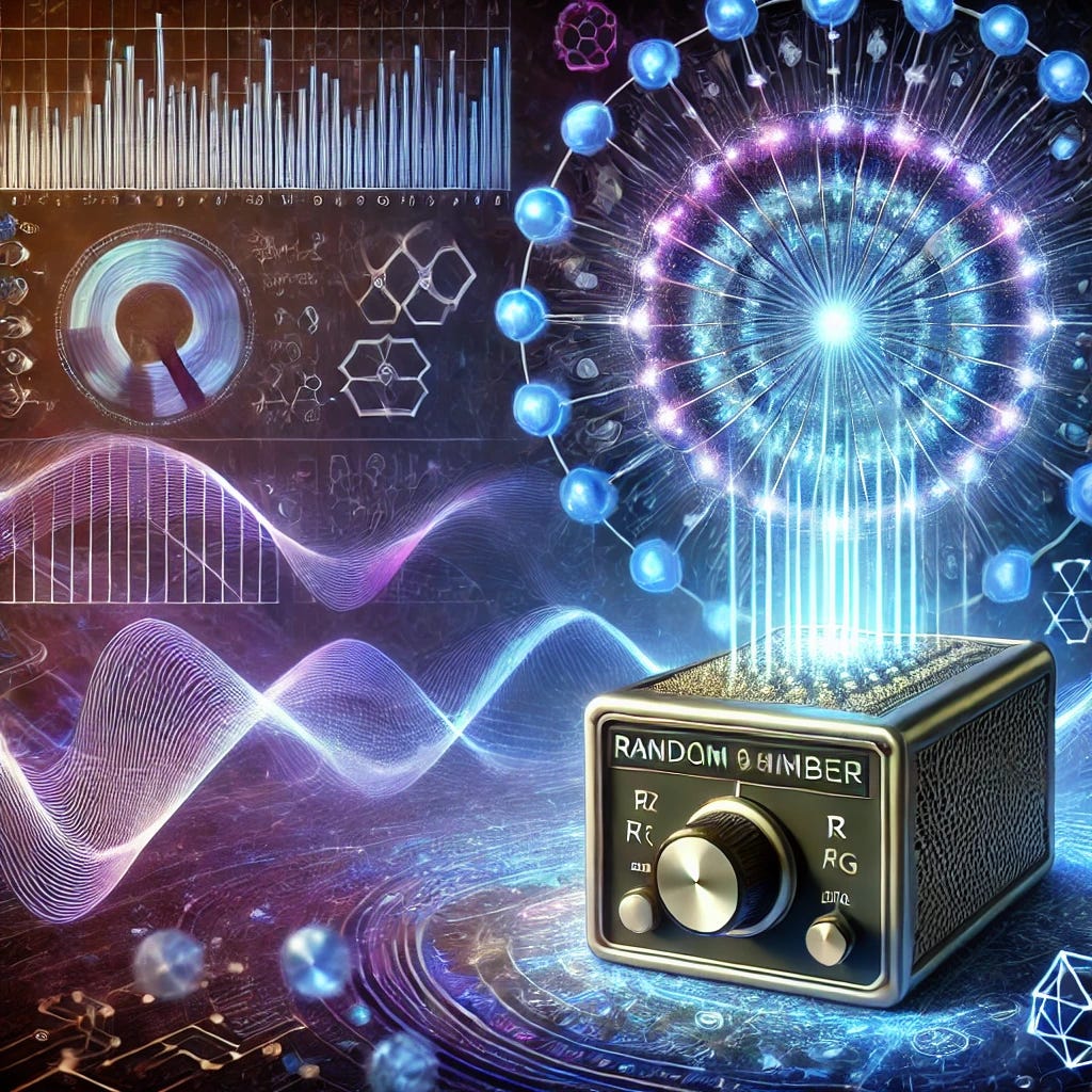 A striking illustration that visualizes the concept of micro-psi effects, where consciousness subtly influences physical systems. The foreground features a modern random number generator (RNG) or a quantum experimental setup emitting soft glowing waves and patterns, symbolizing the influence of human intention. The background blends abstract energetic fields, representing consciousness (e.g., ripples or interconnected light nodes), with scientific imagery like statistical graphs, wave interference patterns, or circuit boards. The overall color palette uses futuristic blues and purples with vibrant glowing accents to evoke a sense of mystery and rigorous scientific exploration.