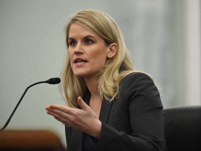 The Facebook whistleblower Frances Haugen testifying to a Senate committee. Matt McClain-Pool/Getty Images