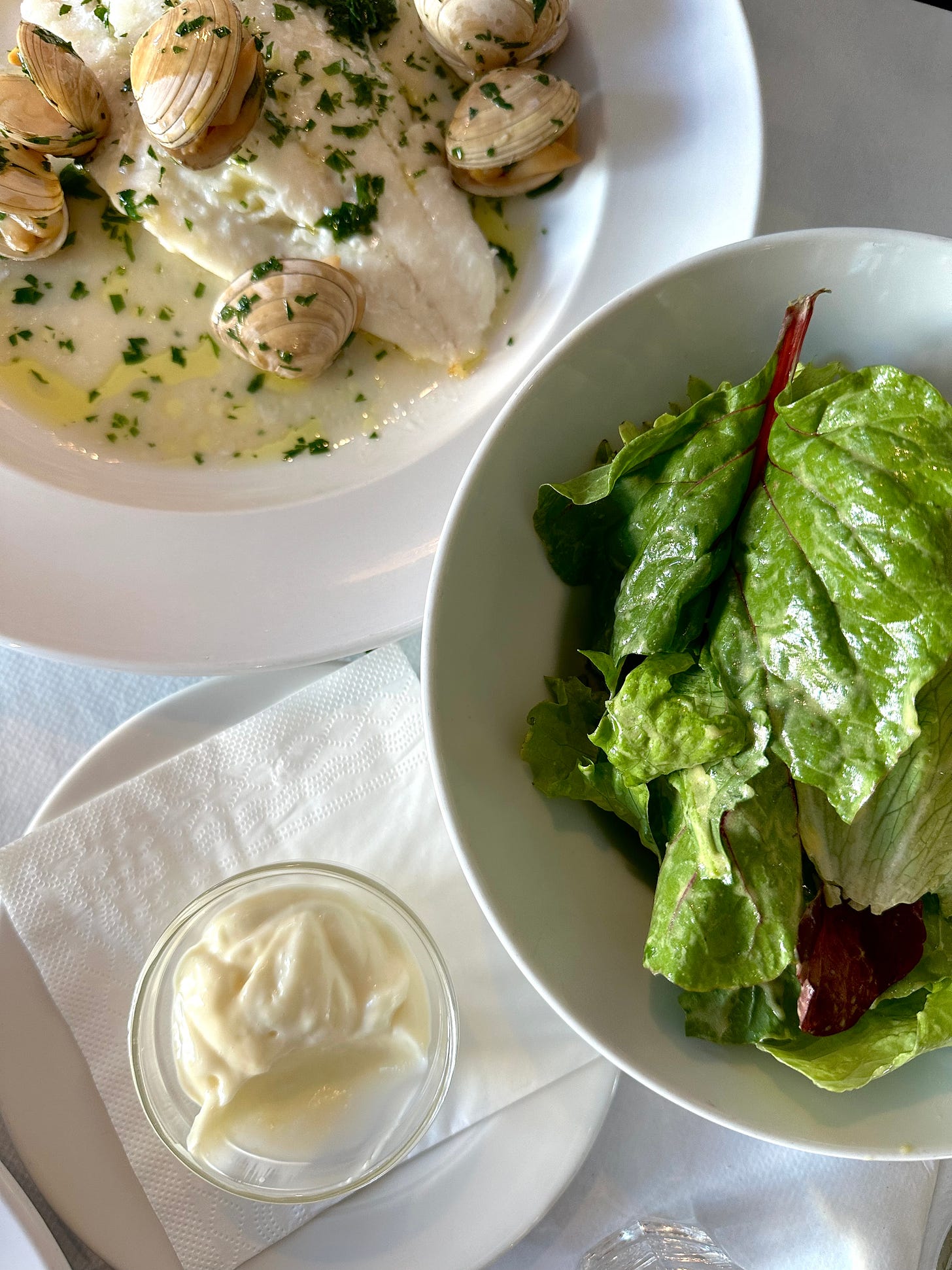 Turbot with Dollar Bay clams, aioli and green salad at Beach House, Tramore