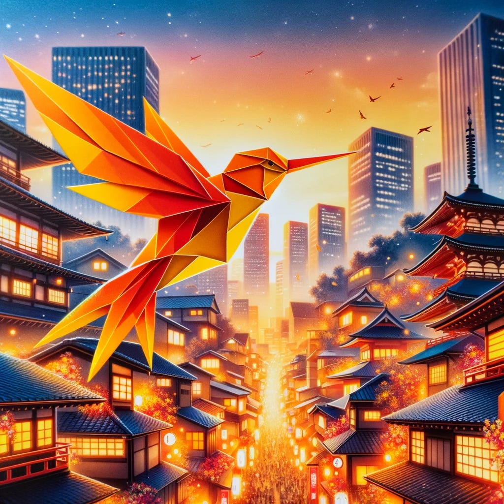 A vibrant origami hummingbird, composed of orange and yellow hues, is flying over a bustling Japanese city depicted in an anime style. The city is alive with the glow of neon signs and the intricate architecture of both traditional and modern buildings. The scene is set during the twilight hour, casting a warm, soft light that reflects off the buildings and the bird, enhancing the magical ambiance of the artwork.