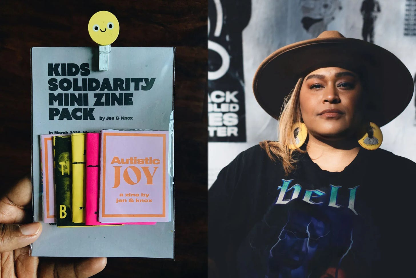 An disabled Afro-Latina designer looks directly at the camera, wearing a wide-brimmed hat and earrings an the illustrated bust. In another photo, a “Kids Solidarity Mini Zine Pack by Jen & Knox” is plastic-wrapped with 5 small zines.