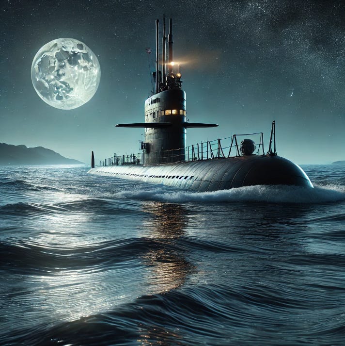 An AI image of a submarine cruising at night, with a full moon, on the surface in friendly dark waters with navigation lights on. The image is not intended to be funny, but there appear to be large windows, a byproduct of the AI image tool.