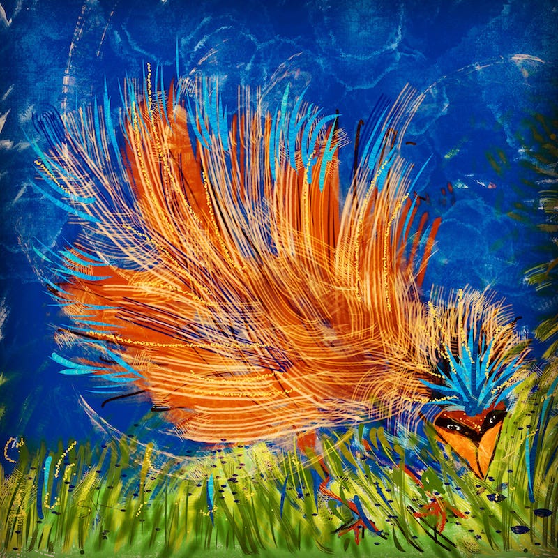 Abstract painting by Sherry Killam Arts of a bright orange bird pecking the ground for food.