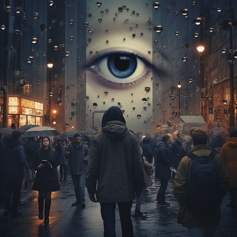 photo of eye watching street full of people, symbolizing dystopian “big brother is always watching you.”