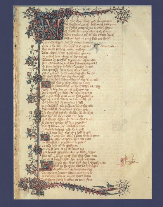 First page of the Ellesmere Manuscript: The General Prologue to The Canterbury Tales