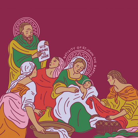 An illustration of Elizabeth and Zechariah surrounded by women at the temple, holding an infant John and giving him his name.