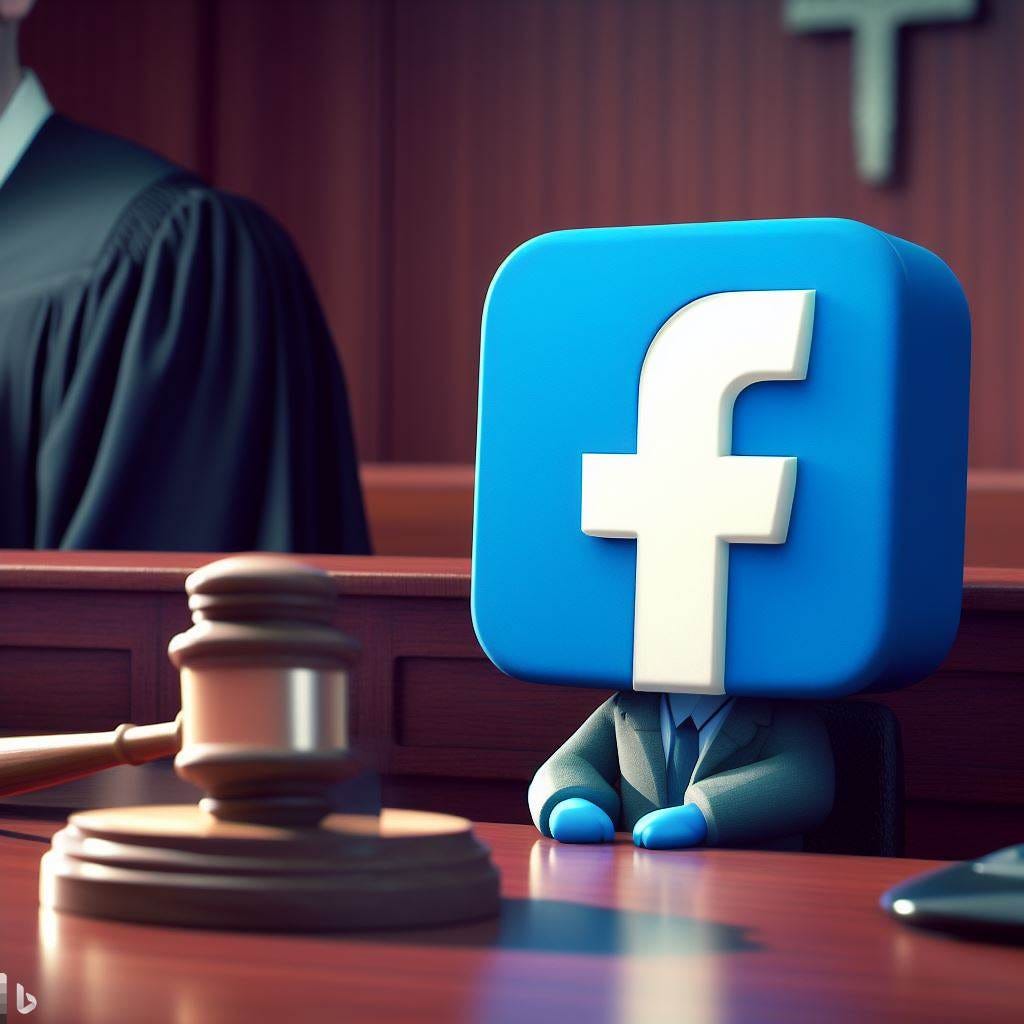 "a facebook logo sitting on the witness stand, testifying to a judge" / Bing Image Creator