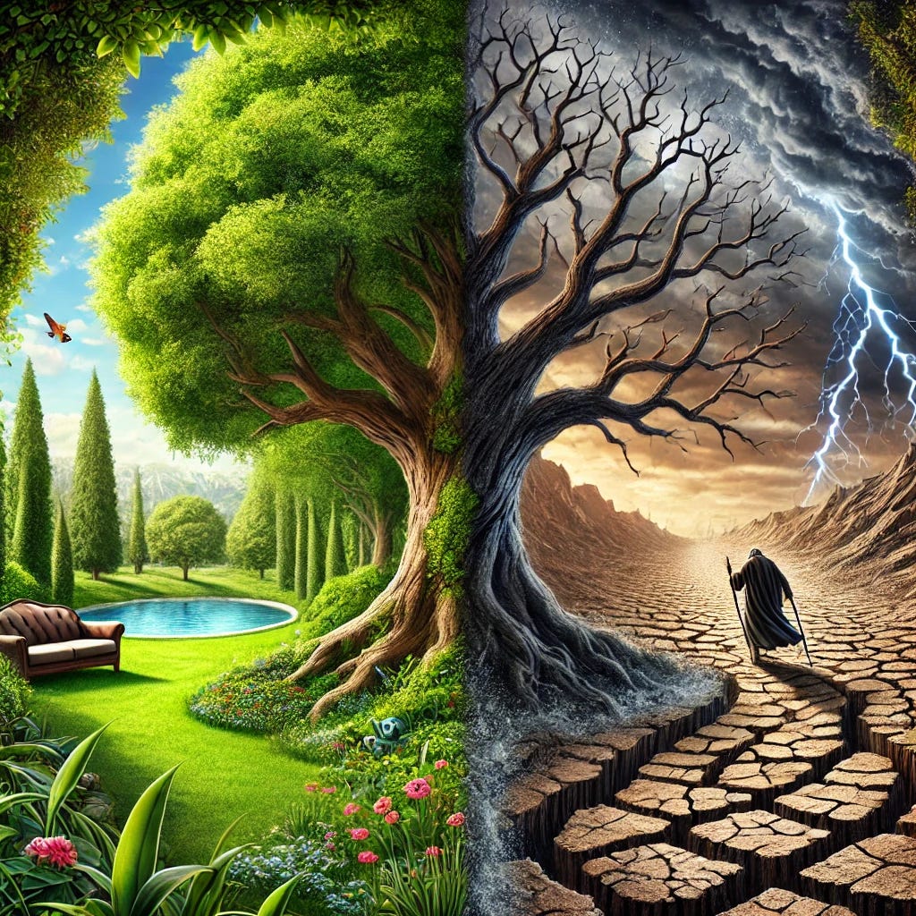 A visually compelling image depicting the theme of patience and natural consequences. On one side, there is a tranquil garden scene with an old tree gently shedding leaves, symbolizing the peaceful and gradual process of natural justice. On the opposite side, a depiction of a harsh, barren landscape with a cracked earth and stormy skies illustrates the negative consequences of pursuing revenge. This contrast highlights the benefits of patience over the destructive outcomes of impulsive actions.