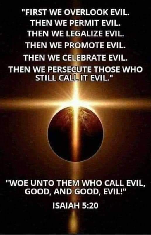 May be an image of text that says '"FIRST WE OVERLOOK EVIL. THEN WE PERMT EVIL. THEN WE LEGALIZE EVIL. THEN WE PROMOTE EVIL. THEN WE CELEBRATE EVIL. THEN WE PERSECUTE THOSE WHO STILL CALLIT EVIL." UNTO THEM WHO .OVL, CALL GOOD, AND GOOD, EVIL!" ISAIAH 5:20'