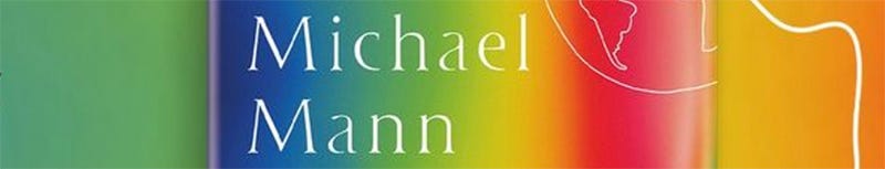 Rainbow background with the image of a globe with white outlines and the text, "Michael Mann"