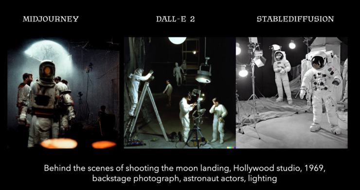 Prompt: “Bastidores do ensaio fotográfico do pouso na lua, estúdio de Hollywood, 1969, atores astronautas”. Nas imagens, o resultado dado pelos 3 modelos diferentes.